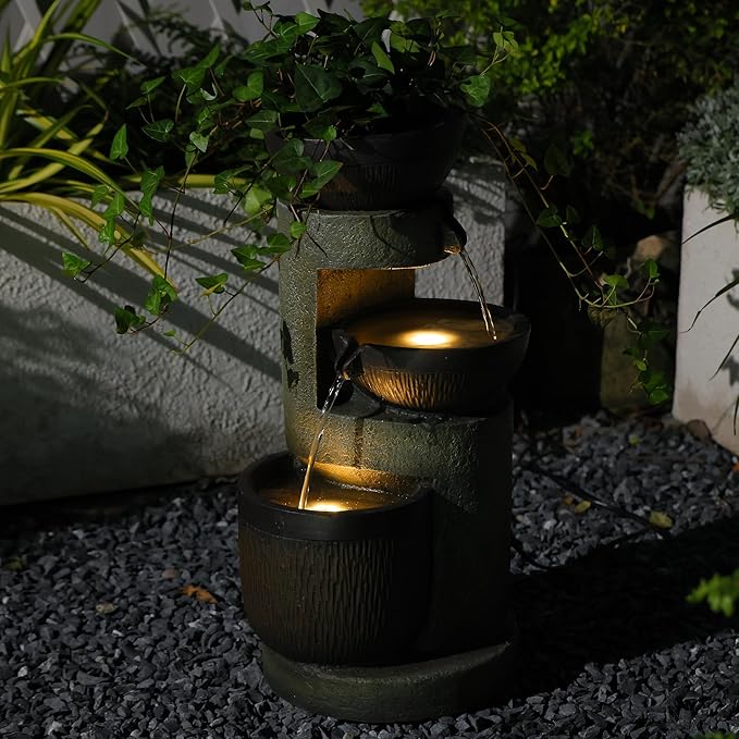 3-Tier Natural Bowl Cascading Garden Water Fountain with LED Lights - Water Fountain Outdoor Indoor Decor for Garden, Patio, Deck, Porch and Office Living Room Home Art Decor 10"x9"x20"