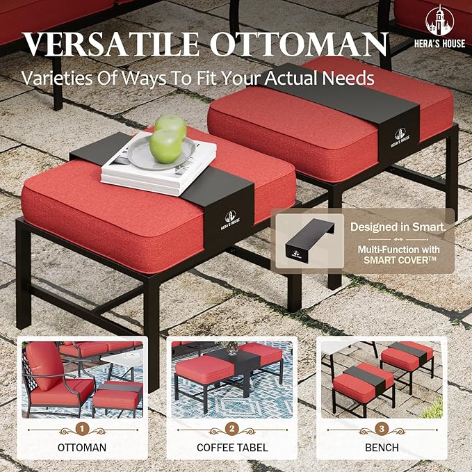 HERA'S HOUSE 7 Piece Patio Furniture Set, 2 x Swivel Chair, 2 x Leg Chair, 2 x Ottoman, 1 x 3-Seat Sofa, All Cushioned 9 Seats Metal Outdoor Conversation Set for Lawn Garden Backyard