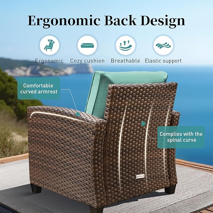 Patio Furniture Set Outdoor Furniture Brown Wicker Rattan Patio Conversation Sets with Cushion Outside Sofa Set,5 Pieces with Rectangular Firepit Table,7 Seats,Blue