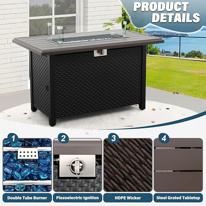 4 Pieces Outdoor Patio Furniture Set 43 In Outdoor Fire Pits Wicker Outdoor Furniture Chairs and Sofa 60000 BTU Outdoor Propane Fire Pit Table Non-Slip Cushions and Waterproof Covers, Peacock Blue