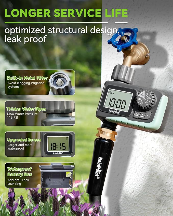 RAINPOINT Sprinkler Timer, Programmable Water Timer for Garden Hose, Outdoor Soaker Hose Timed with Rain Delay/Manual/Automatic Watering System, Digital Irrigation for Yard, Lawn, 1 Outlet - Image 6
