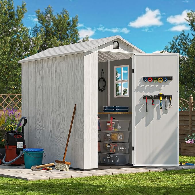 Patiowell 4 x 6 FT Plastic Outdoor Storage Shed with Floor, Resin Shed Outside Tool Shed with Window and Lockable Door for Backyard Garden Patio Lawn, Light Gray (Fit-it Shed) - Image 3