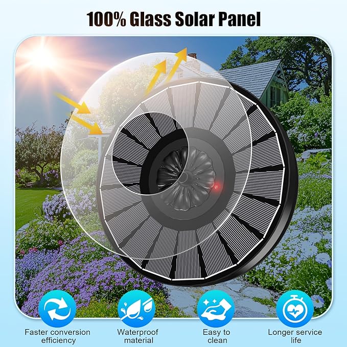 SZMP Solar Fountain Work On Cloudy Day,Solar Water Bird Bath Fountain with Faster Conversion Glass Solar Panel and Power Indicator,Built-in 2000mAh Battery,Outdoor Garden Decor(Black Panel)