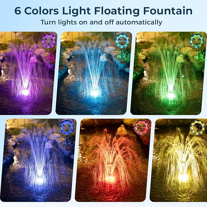 POPOSOAP Floating Pond Fountain with RGB LED Lights, 660GPH Pond Pump 30Ft Cable Length with 3 Modes Sprinkler & 65.6Ft Mooring Line, Floating Fountain for Outdoor Pond