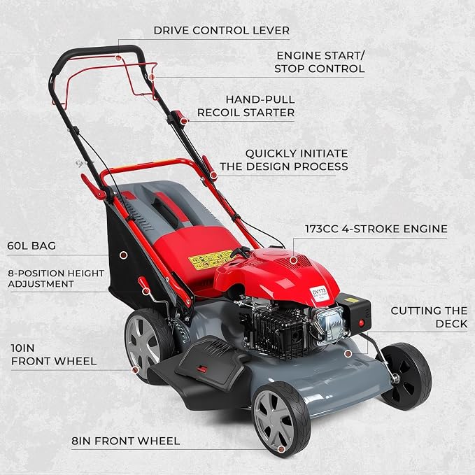 173cc Gas Powered Self Propelled Lawn Mower[Foldable] - Easy to Start, 3 in 1 Multi Functional Gas Push Lawnmower with 60L Grass Tank for Yard Garden, Self-Propelled Rear Wheel System, 20 Inch Red - Image 9