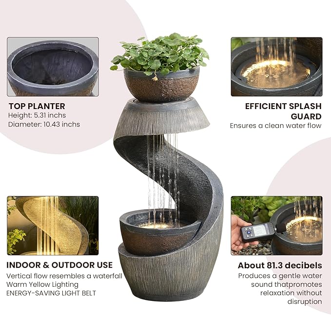 Outdoor Water Feature Patio Fountain with LED Lights, 31.9" Resin Garden Waterfall Fountain Outdoor, Modern S-Shaped Bowl Design Water Feature for Porch, Garden, Yard, Home Decor, Grey