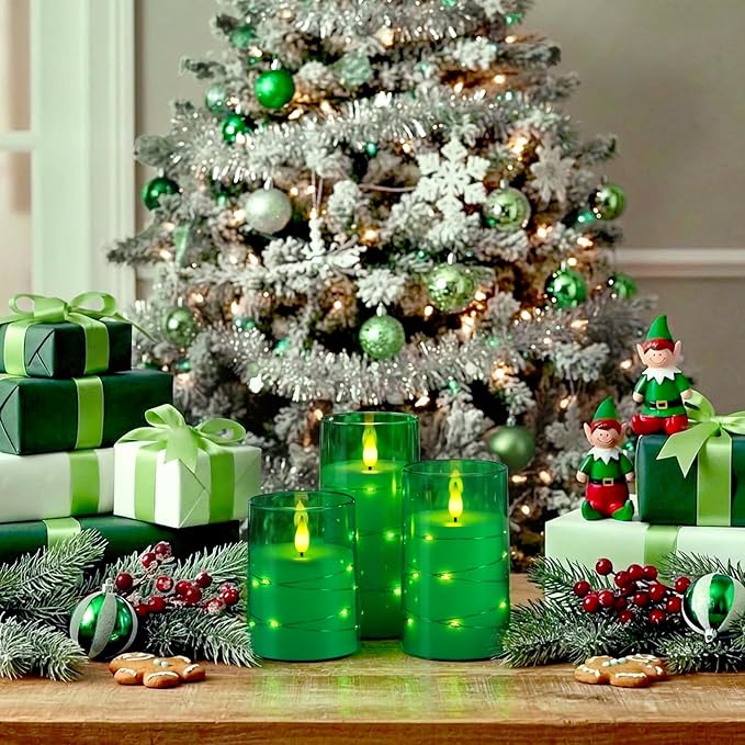 Homemory St. Patrick's Day Flameless Candles with Embedded Star String Fairy Lights, Green Battery Operated Candles, LED Candle, Fake Candles with Remote Control and Timer, Set of 3(H 4" 5" 6?€?)