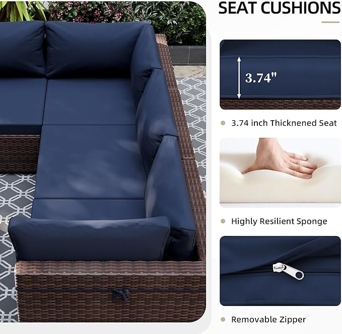 UPHA 7 Pieces Patio Furniture Sets, Wicker Outdoor Sectional Sofa Couch with Coffee Table, Patio Conversation Set for Deck Backyard Garden, Brown Rattan, Navy Blue Cushion
