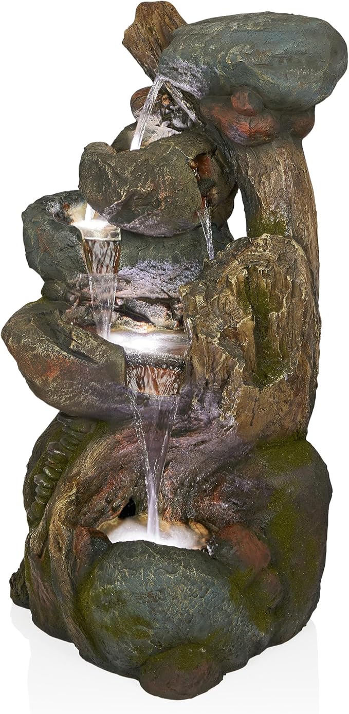Alpine Corporation WIN1546 Outdoor Floor Rock/Tree Trunk Fountain w/LED Lights, Cascading Garden Water Fountain, 39" H, Gray
