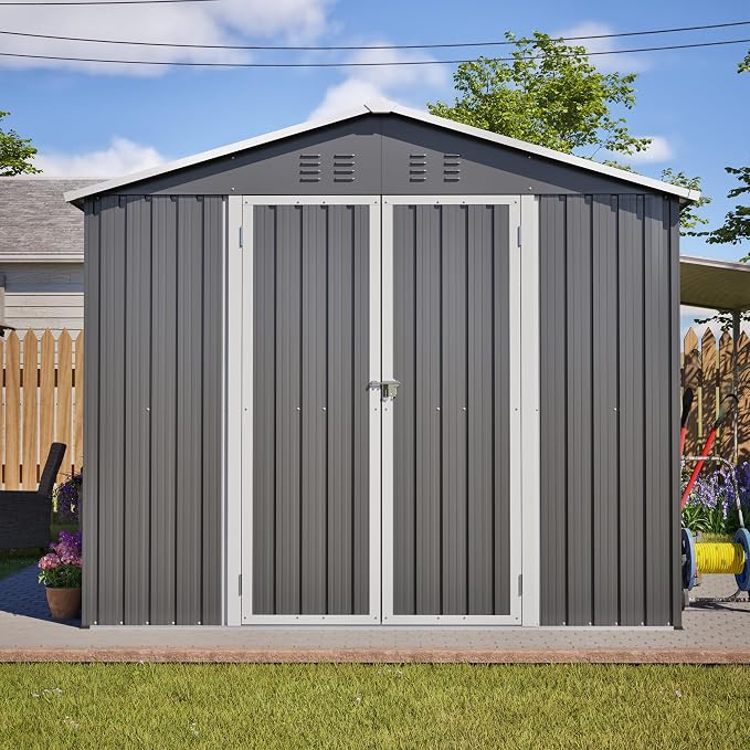 YOPTO 8x12 FT Large Outdoor Storage Shed with Lockable Doors & Floor Base,Weather-Resistant Metal Tool Shed for Garden, Backyard,Patio,Lawn,Gray - Image 12