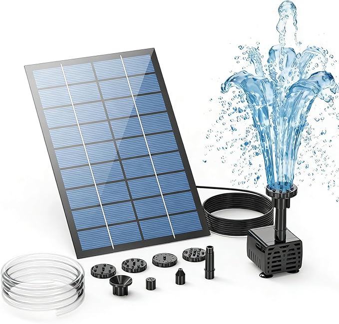 AMZtime Solar Fountain Pump with Separate Solar Panel, 2.5W Solar Water Pump with 6 Nozzles and 10ft Cable, Outdoor DIY Solar Powered Water Fountain for Bird Bath, Garden, Fish Tank, Pond, Patio