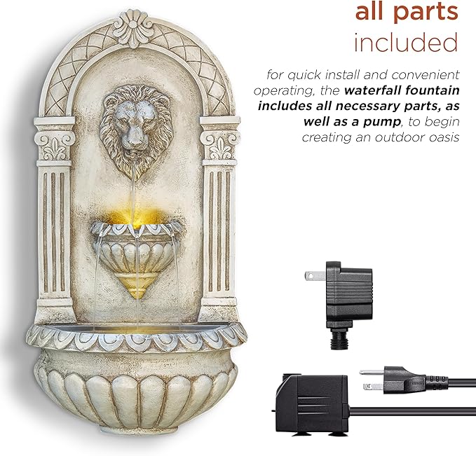 Alpine Corporation TZL160 Indoor/Outdoor Floor Lion Head Wall Fountain with LED Lights, Wall-Mounted Waterfall, 32", Ivory