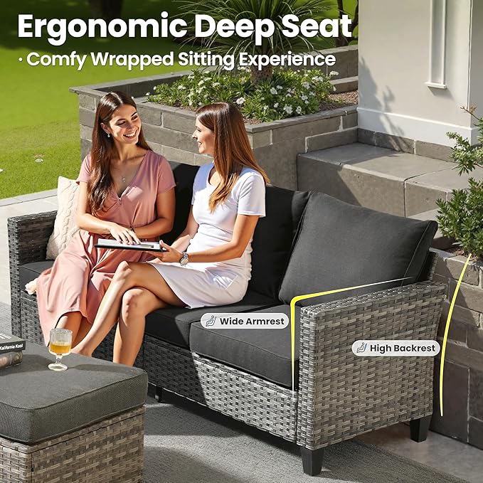 ovios Patio Furniture Set, 8 Pieces Outdoor Wicker Sofa Couch with Chairs, Ottomans and Comfy Cushions, All Weather High Back Rattan Conversation Set, Black