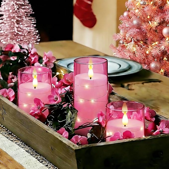 Homemory Flameless Candles with Embedded Star String Fairy Lights, Battery Operated Candles, LED Candle, Fake Candles with Remote Control and Timer, Pink, Set of 3(H 4" 5" 6?€?)