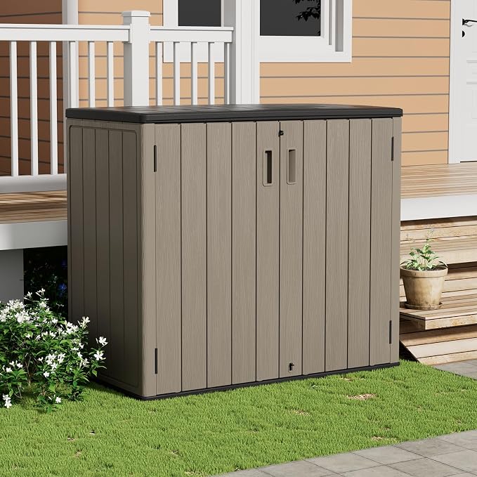 ZZM 37 Cu.ft Outdoor Storage Shed Double-Wall HDPE Storage Cabinet, Waterproof Plastic Sheds with Floor Horizontal Lockable Garden Tools Trash Can, Lawn Mower, Bike Storage, Brown - Image 5