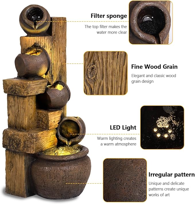 TITIMO 39.3" Outdoor Water Fountain with LED Lights 5 Tiers Modern Cascading Large Outdoor Fountain with Lights for Garden, Patio, Backyard, Deck, Porch and Home Art Decor (Natural)