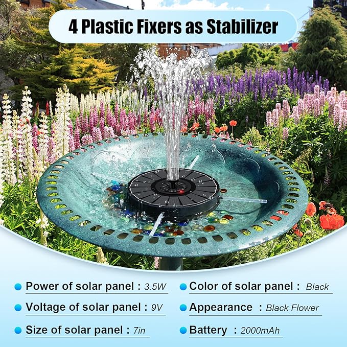 SZMP Solar Fountain Work On Cloudy Day,Solar Water Bird Bath Fountain with Faster Conversion Glass Solar Panel and Power Indicator,Built-in 2000mAh Battery,Outdoor Garden Decor(Black Panel)
