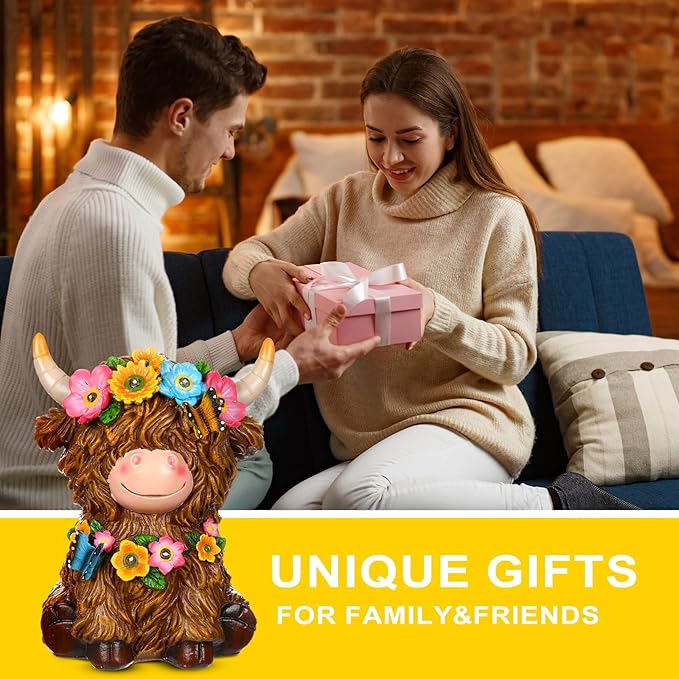 Highland Cow Resin Figurine Highland Cow Statue Christmas Outdoor Decor with Flower for Patio, Yard, Gift for Mom, Calf Gnome Herd Lovers (Classic)