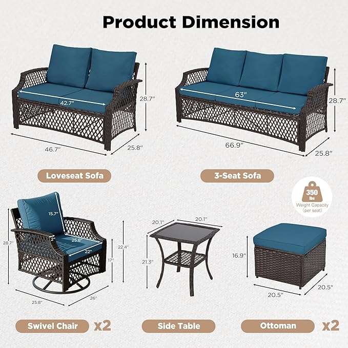 HOMREST 7 Piece Patio Furniture Set, Wicker Outdoor Conversation Sofa Set with Swivel Chairs, 2 Ottomans, Glass Side Table, Rattan Outdoor Sectional for Deck Backyard Porch （9 Seats, Turquoise