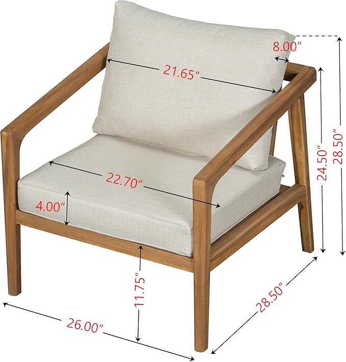 Christopher Knight Home Dena Patio 4-Piece Conversation Set, Outdoor 4-Seater Acacia Wood Sofa Chat Set,Garden Furniture,Loveseat,Coffee Table,Set of 2 Club Chairs, Removable Cushions, Teak+ Beige