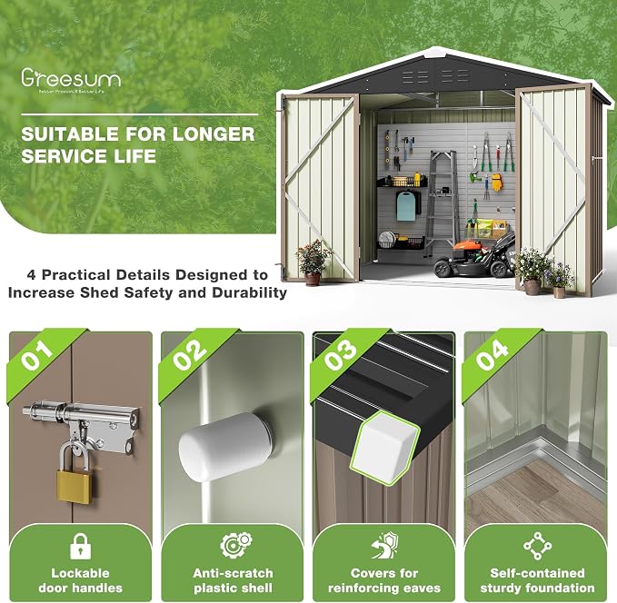 Greesum 8x6FT Outdoor Storage Shed, Utility Tool Shed with Sloping Roof, Metal Storaged Garden Shed with Door & Lock for Patio Storage, Brown - Image 5