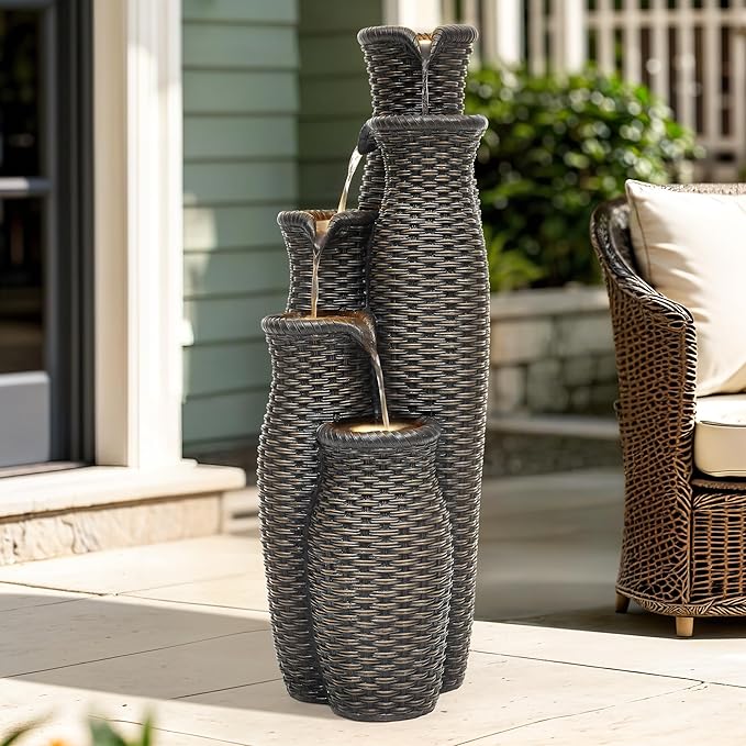 Wicker-Look Outdoor Water Fountain with Lights, 33" Tall 5-Tier Rattan Vase Cascading Waterfall Feature with Soothing White Noise for Patio Garden Backyard Porch Decor & Relaxation