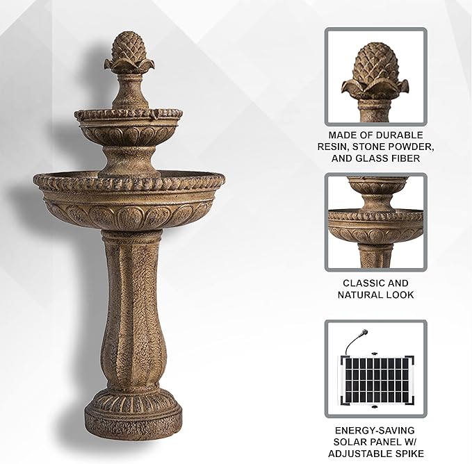 XBrand 39" Solar Water Fountain, 2-Tier Outdoor Sand Stone Resin with Solar Panel & Pump for Home Garden Yard Decor