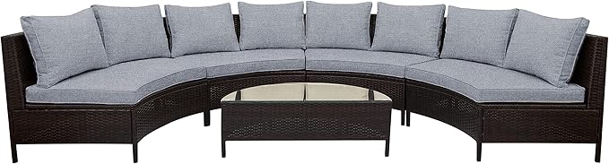 Merax Patio Conversation Set, 5 Pieces All-Weather PE Rattan Wicker Sofa Set, Half-Moon Outdoor Patio Sectional Sofa Set with Tempered Glass Table, Gray