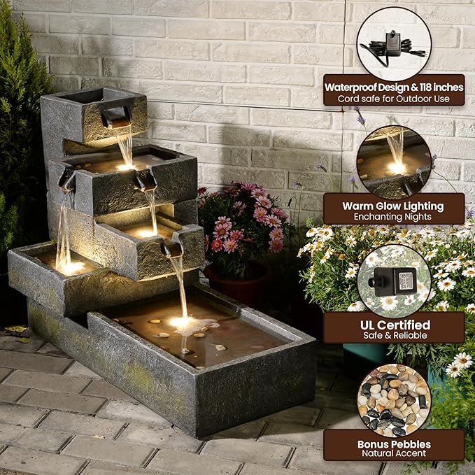 Water Fountain Outdoor Garden Waterfall Freestanding Cascade Tiered Fountains Water Feature with LED Lights for Patio Backyard Pool Home Decor, 32.5 inches Long, Gray
