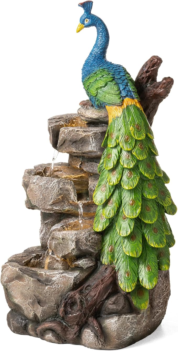 Glitzhome Outdoor Water Fountain,20.5" H Polyresin Outdoor Fountain with Lights, 4-Tierd Peacock W/Stacked Stone Decorative Waterfall Feature Garden Fountain with Pump for Garden, Patio, Porch Decor