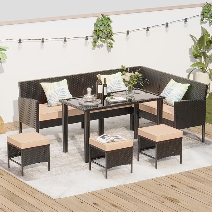 7-Piece Outdoor Patio Furniture Set, Wicker Sectional Sofa with Cushions & 3 Pillows, All-Weather Conversation Set with Long Glass Coffee Table for Garden, Porch, Lawn, Khaki