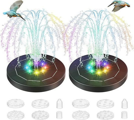 Saillong 2 Pack 5W Solar Bird Bath Fountain Pump with Colorful LED Lights, Battery and Solar Powered Bird Bath Water Fountains with 6 Nozzles, Floating Fountain Pump for Bird Bath Garden, Pond