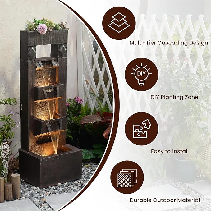 40.9" H 4-Tier Indoor/Outdoor Modern Water Fountain with Led Lights and Pump, Outdoor Freestanding Cascading Waterfall - Suitable for Garden, Patio, Porch, Yard and Outdoor Decor (Brown)