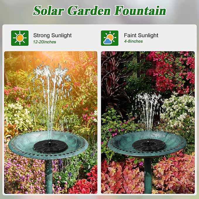 Solar Fountain 100% Glass Covered, Solar Powered Hummingbird Water Fountain, Outdoor Bird Bath Fountain Pump with 8 Nozzles & 4 Fixers for Garden, Pond, Pool, Fish Tank Decoration