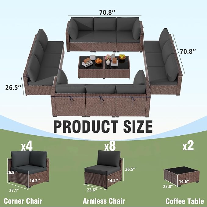 KIGOTY Patio Furniture Set,14 Pieces Modular Outdoor Sectional Sofa, PE Rattan Patio Conversation Set, All Weather Wicker Patio Furniture with Cushions and Coffee Table (Brown/Dark Grey)