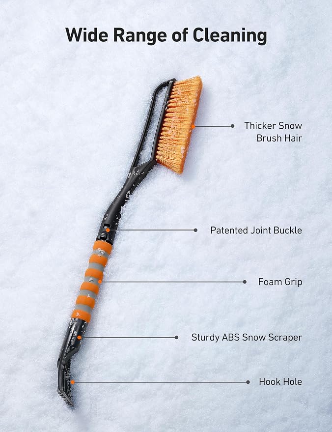AstroAI 2 Pack 27" Snow Brush and Ice Scrapers for Car Windshield, Detachable Snow Scrapers with Ergonomic Foam Grip for Cars, Trucks, SUVs (Heavy Duty ABS, PVC Brush, Orange) - Image 7