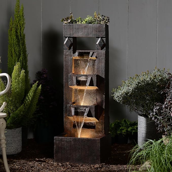 Vintage Wood-Look Waterfall Fountain with LED Lights & Planter – Indoor & Outdoor Water Fountain for Patio, Garden, Porch or Home Decor 40.9" H Patio Fountains Outdoor Yard Water Feature