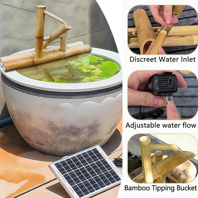 Bamboo Fountain with Pump & Solar Powered，Traditional Japanese Rocking Fountains Kit,Handmade Bamboo Water Fountain for Indoor Outdoor Backyard