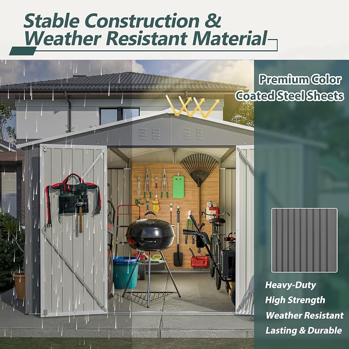 YOPTO 10×10 FT Outdoor Storage Shed,Metal Aluminum Waterproof Tool Sheds with Doors and Vents,Heavy-Duty Sheds Unit W/Lock and Key,for Storing Bicycles,Lawnmowers,Barbeques,Gray - Image 5
