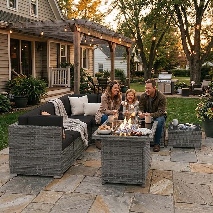 10 Pieces Patio Furniture Set with 44" Propane Gas Fire Pit Table, Outdoor Sectional Wicker Conversation Sofa Sets with Coffee Table