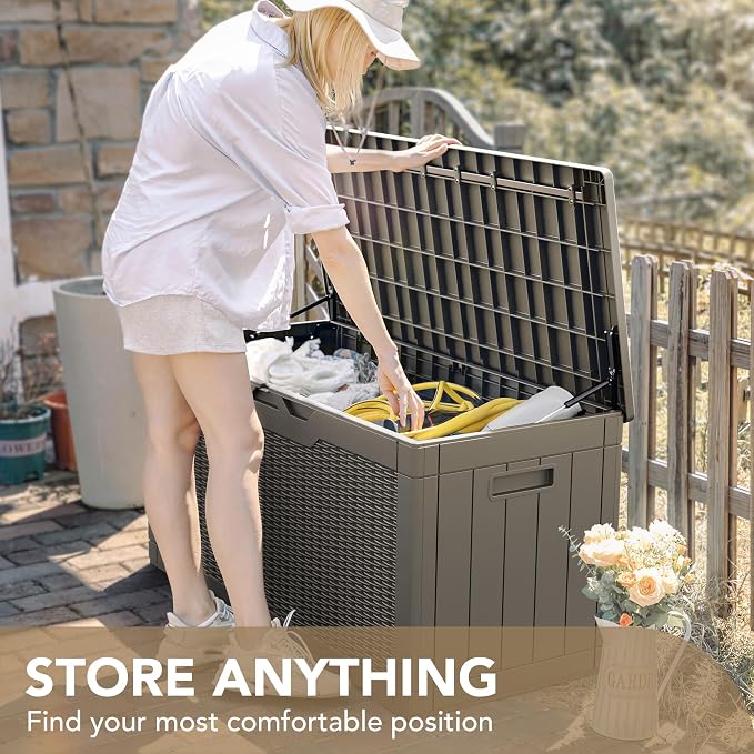 Devoko 100 Gallon Waterproof Large Resin Deck Box Indoor Outdoor Lockable Storage Container for Patio Furniture Cushions Garden Tools (100 Gallon, Light Brown) - Image 7