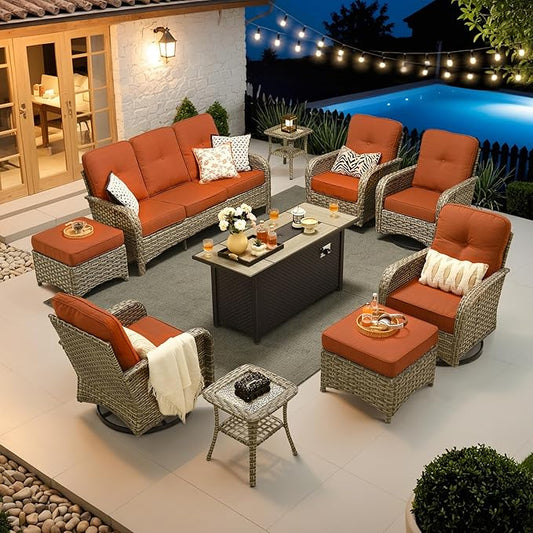 HOOOWOOO Outdoor Patio Furniture Set with Fire Pit Table,10 Pieces Wicker Conversation Set,All Weather High Back Couch Sofa Swivel Chairs Ottomans Ottomans Set,Orange Red