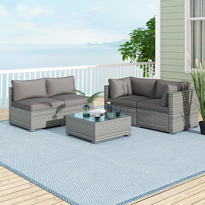 Tangkula 5-Piece Outdoor Patio Sectional Sofa Couch, PE Rattan Conversation Set w/Glass Coffee Table & Cushions, Outdoor Furniture Set w/Sturdy Metal Frame for Garden Poolside Backyard
