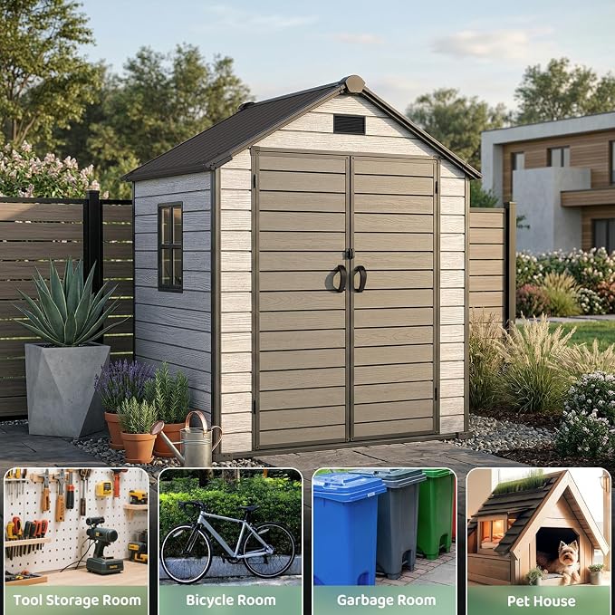 EHHLY Outdoor Storage Shed 6x4.4 FT, Resin Shed with Floor, Window & Vents, Waterproof Plastic Shed with Lockable Door for Backyard, Patio, Lawn, Gray - Image 8