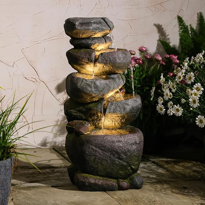 27.8" H Outdoor Water Fountain with LED Lights, 5-Tier Cascading Stone Waterfall Fountain, Natural Rock Resin Outdoor Water Fountain for Garden Patio Backyard Porch Indoor Decor