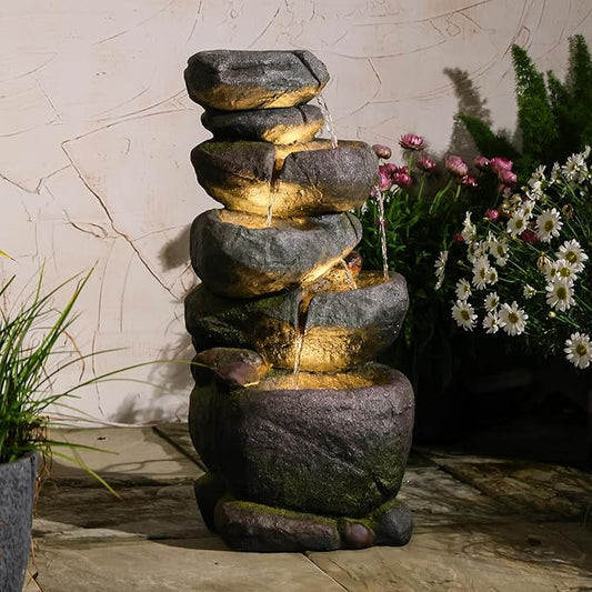 27.8" H Outdoor Water Fountain with LED Lights, 5-Tier Cascading Stone Waterfall Fountain, Natural Rock Resin Outdoor Water Fountain for Garden Patio Backyard Porch Indoor Decor