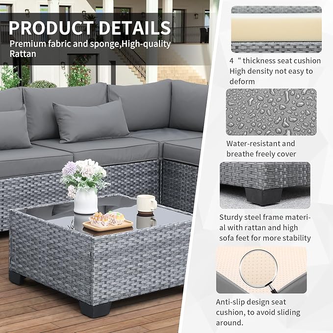 Valita 7 Pieces Outdoor Wicker Furniture Conversation Set Patio Sectional Sofa Set Glass Table with Non-Slip Cushions Furniture Cover, Light Grey