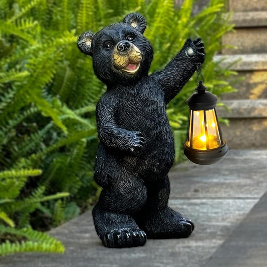 Solar Black Bear Garden Statue with LED Lantern - 14'' Outdoor Resin Animal Sculpture, Auto-On/Off Solar-Powered Waterproof Lawn Decor, 10-12H Long-Lasting Lighting for Patio/Yard/Porch