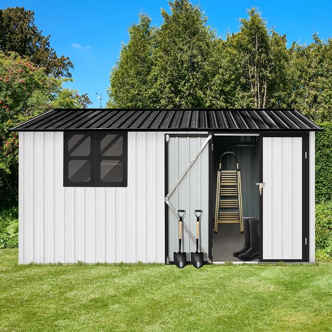 10x12 FT Outdoor Storage Shed, Large Metal Garden Shed with 4-pane Window, Outside Tool Shed with Lockable Hinged Door & 4 Air Vents, Waterproof Storage Building for Backyard, Patio, Lawn, White+Black - Image 2