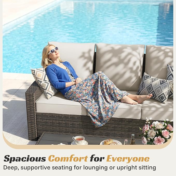 Outdoor Patio Furniture Set, 6 Piece Outdoor Wicker Rattan Sectional Sofa Conversation Sets with Adjustable Recliner Chairs, and Storage Coffee Table for Garden Porch Deck,White